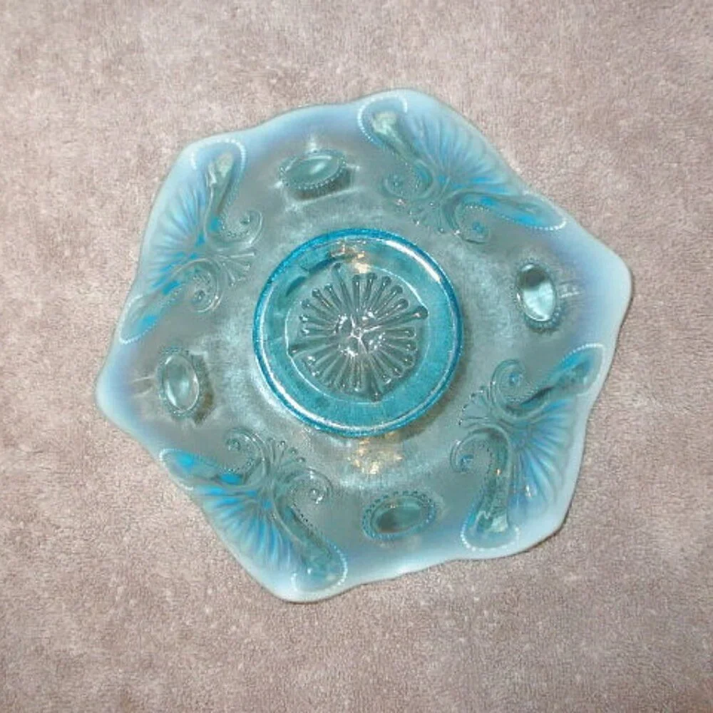Vintage Dugan Blue Opalescent Glass Compote Candy Dish Ruffled Keyhole EUC